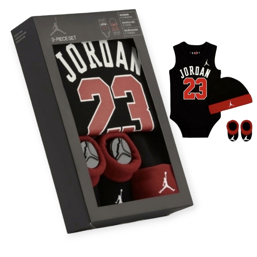 Baby Jordan 6-12 Month Boy Bodysuit, Hat and Booties Onesie Shoe Gift Box